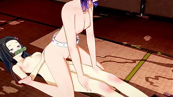 Demon Dilly Futanari - Shinobu x Nezuko Blowjob and Fucked - Sissy crossdress Japanese Asian Manga Anime Game Porn Gay
