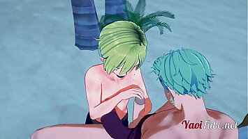 One Piece Yaoi - Zoro x Sanji Handjob and Blowjob in a beach - anime Manga Gay