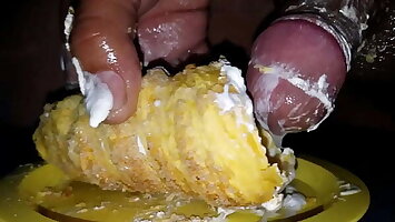 Fucking my cream filled scone like a fleshlight. Filling it up with my cock cream.